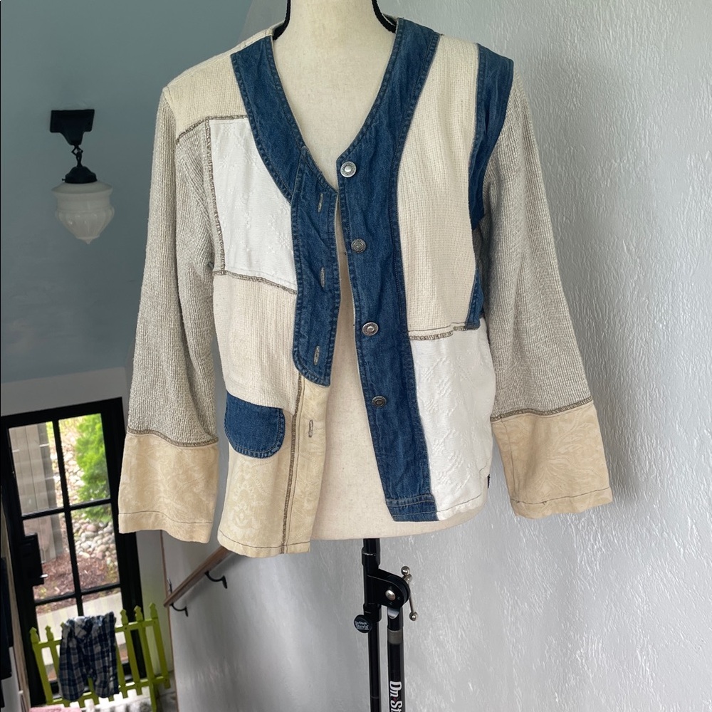 New Direction Vintage Boho Denim Blue and Cream Fabric Jacket Patchwork Size M